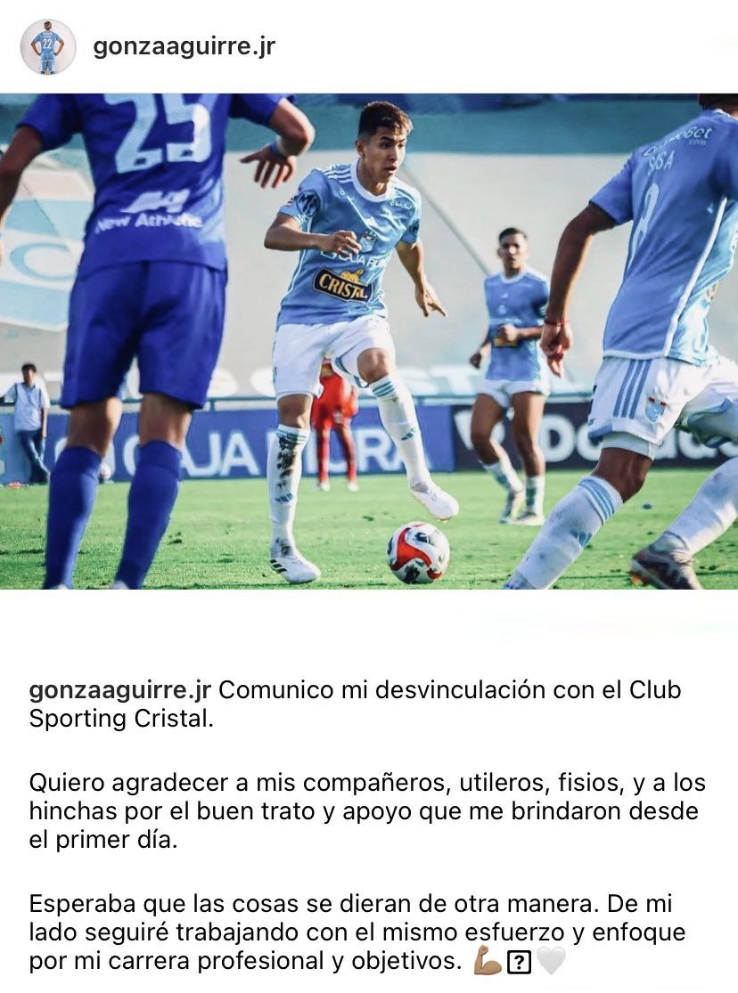 Gonzalo Aguirre comunicó su desvinculación de Sporting Cristal. | Fuente: @gonzaaguirre.jr