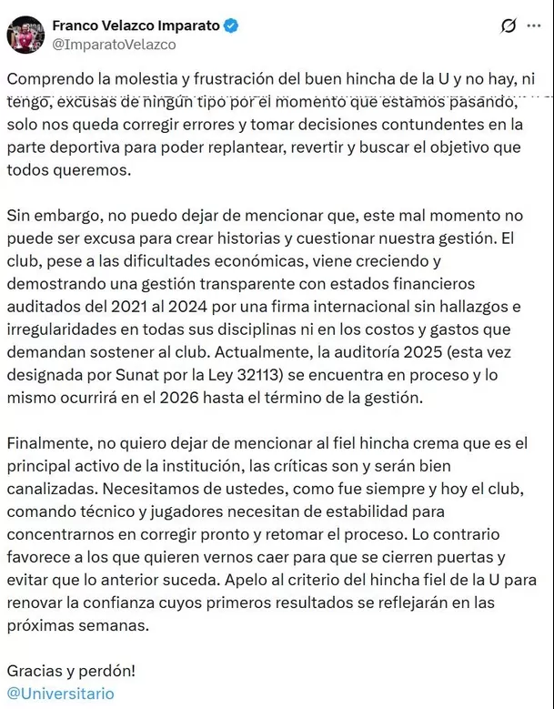 Captura del X de Franco Velazco.