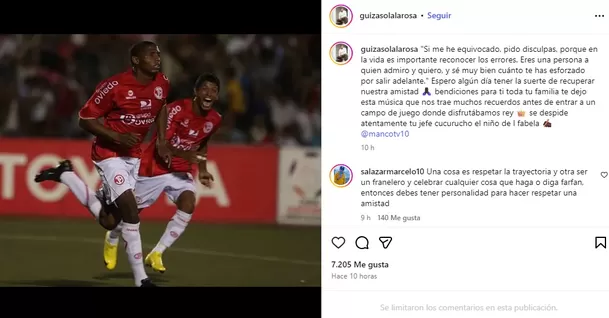 Mensaje de Roberto Guizasola a Reimond manco en Instagram / Captura