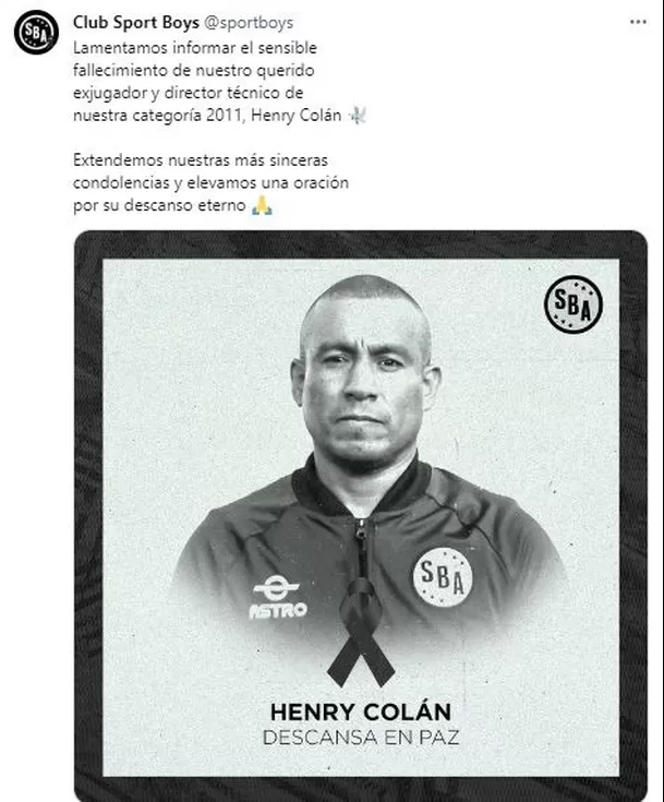 Sport Boys comunicó el fallecimiento de Henry Colán. | Fuente: @sportboys