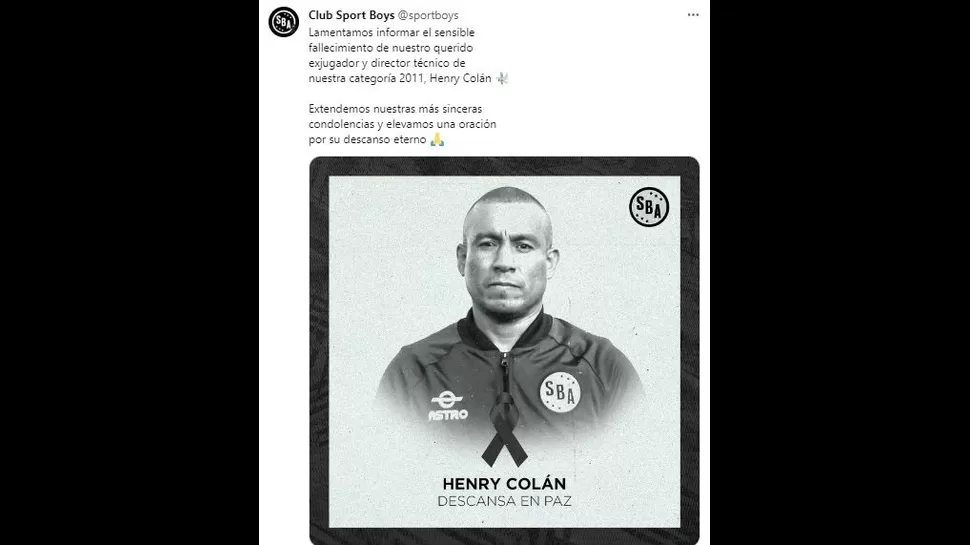 Sport Boys comunicó el fallecimiento de Henry Colán. | Fuente: @sportboys