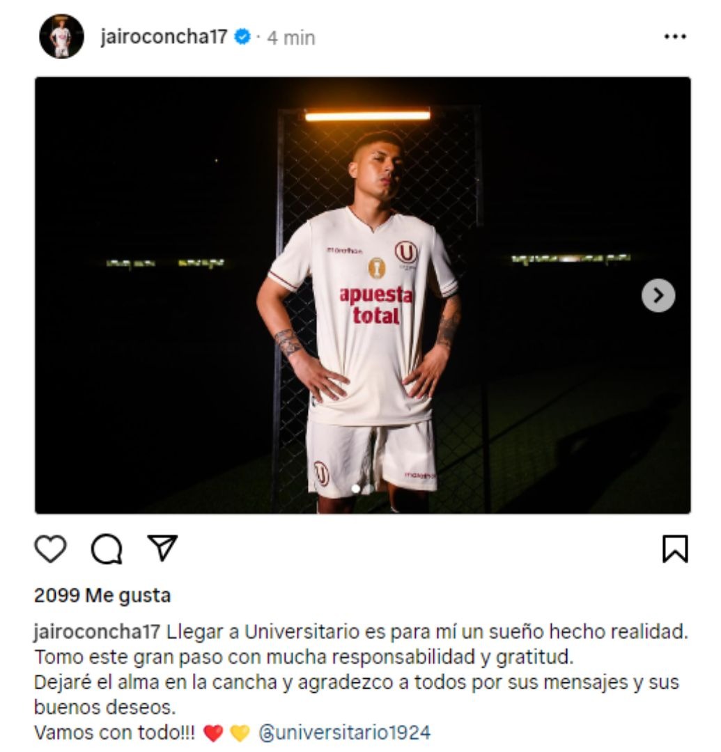 Jairo Concha se pronunció por medio de sus redes sociales sobre su paso a Universitario / Foto: Instagram jairoconcha17