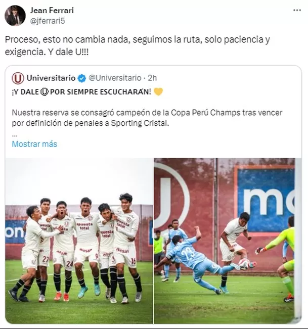 Mensaje de Jean Ferrari tras título de Universitario en Campo Mar / Foto: X