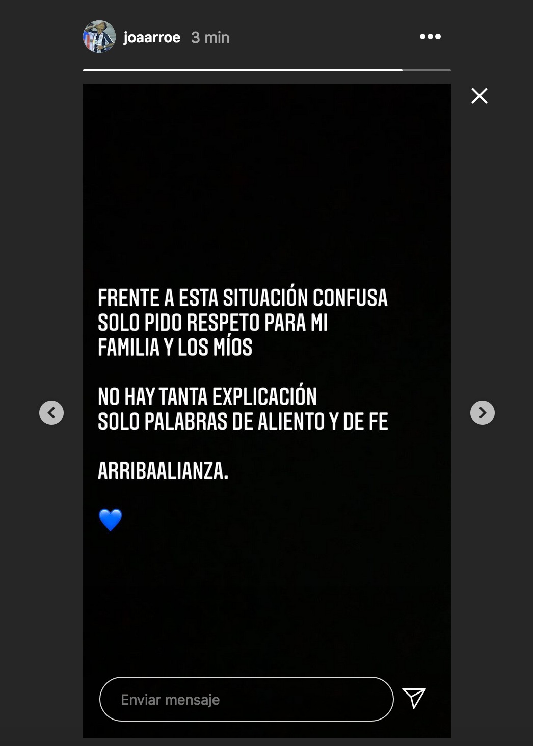 Este fue el mensaje que dejó Arroé en su Instagram.