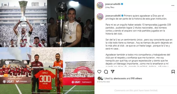 Esto publicó José Carvallo. | Fuente: Instagram