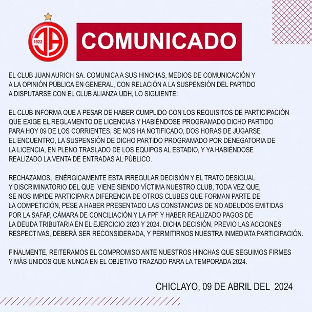 Comunicado del Juan Aurich. | Fuente: facebook.com/clubjuanaurichoficial