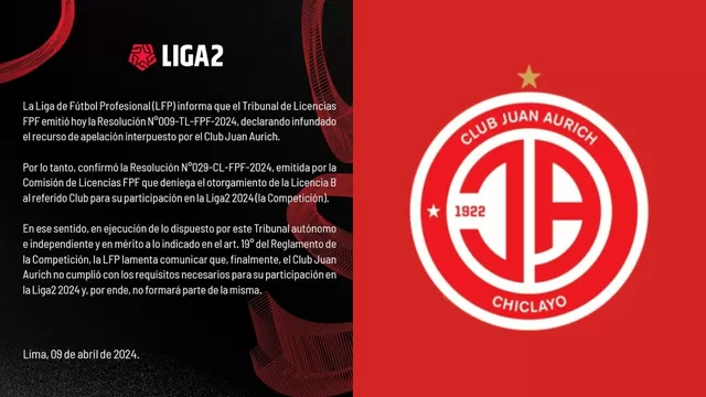 La Liga de Fútbol Profesional y Juan Aurich emitieron comunicados. 