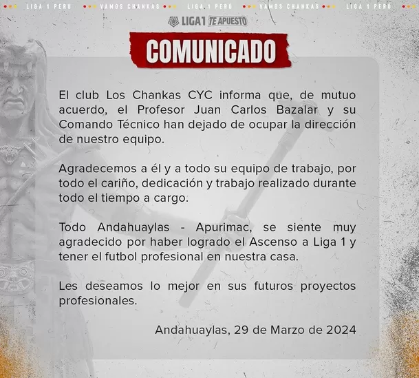 Juan Carlos Bazalar dejó de ser el entrenador de Los Chankas. | Fuente: facebook.com/ClubDeportivoLosChankasCYC