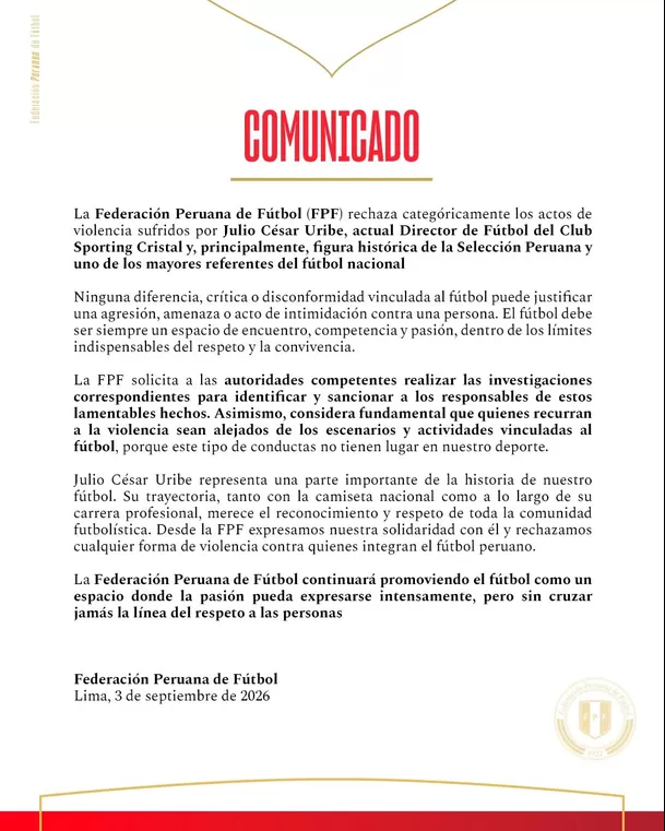 Comunicado de la FPF sobre agresión que sufrió Julio César Uribe / Foto: FPF Comunicado de la FPF sobre agresión que sufrió Julio César Uribe / Foto: FPF