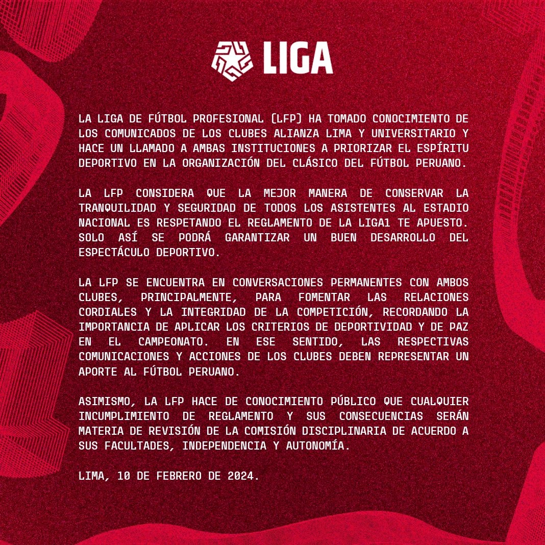 El comunicado de la LFP. | Fuente: @Liga1TeApuesto