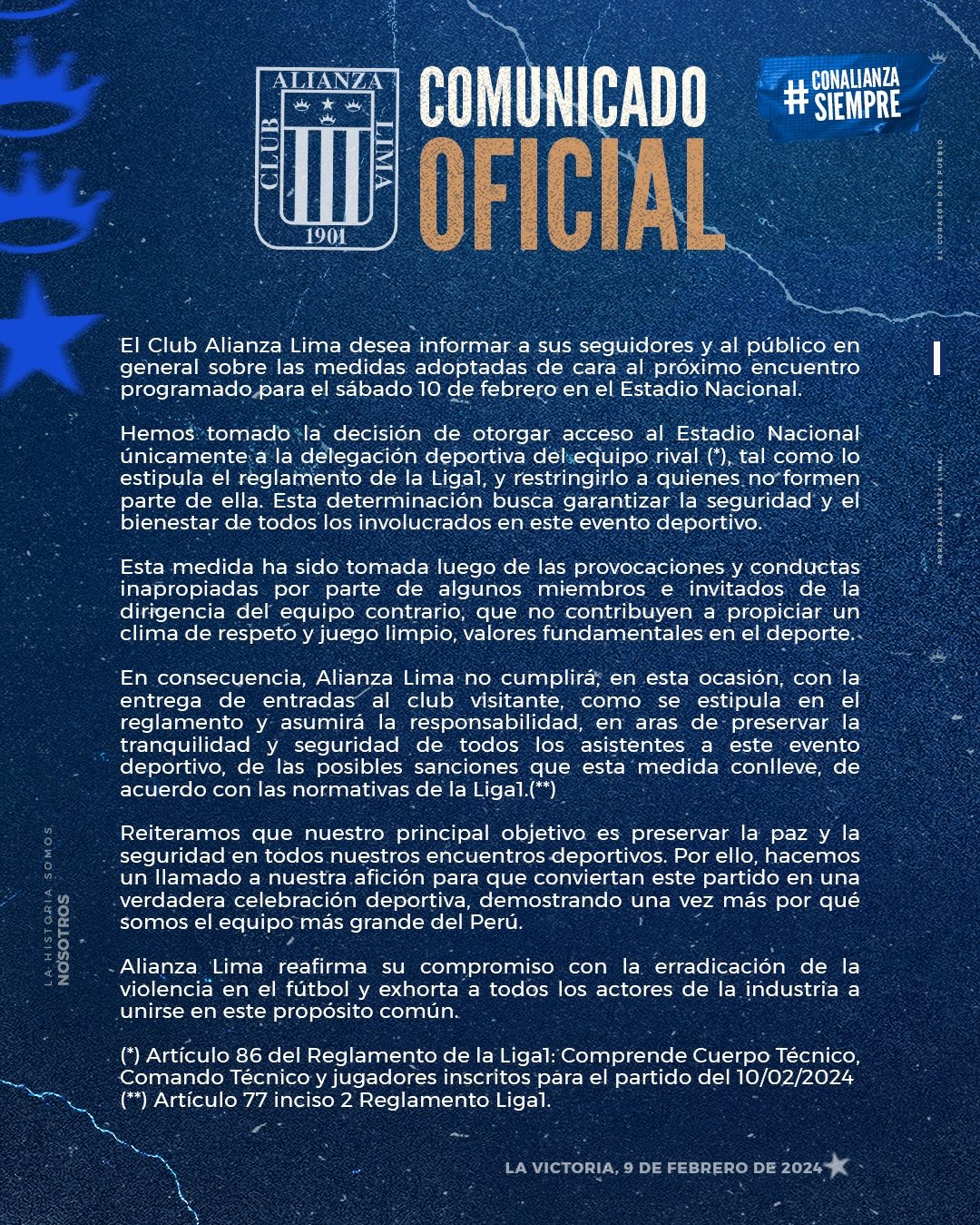 Este es el comunicado de Alianza Lima. | Fuente: @ClubALoficial
