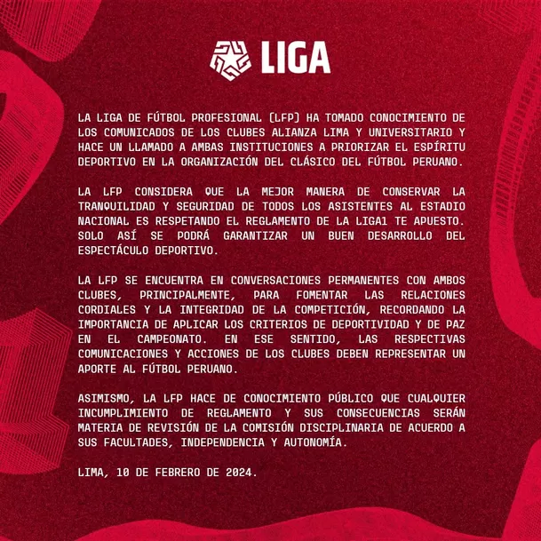 El comunicado de la LFP. | Fuente: @Liga1TeApuesto