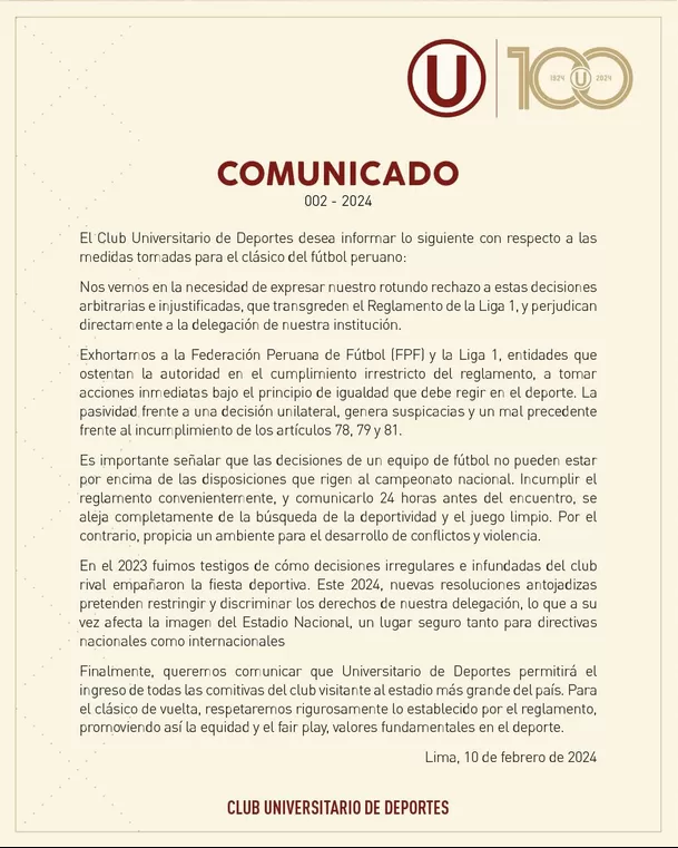 Este es el comunicado de Universitario. | Fuente: @universitario