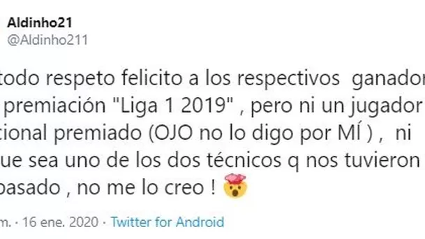 Esto fue lo que escribió Aldair Rodríguez en Twitter.