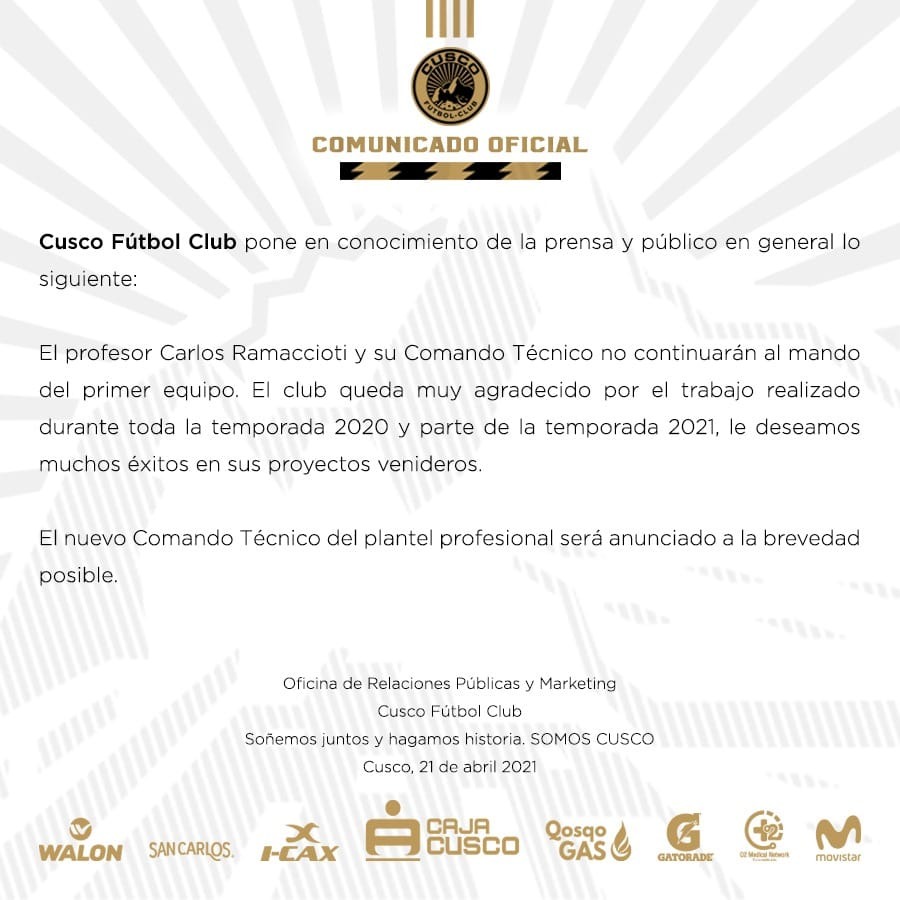 Aquí el comunicado de Cusco FC.