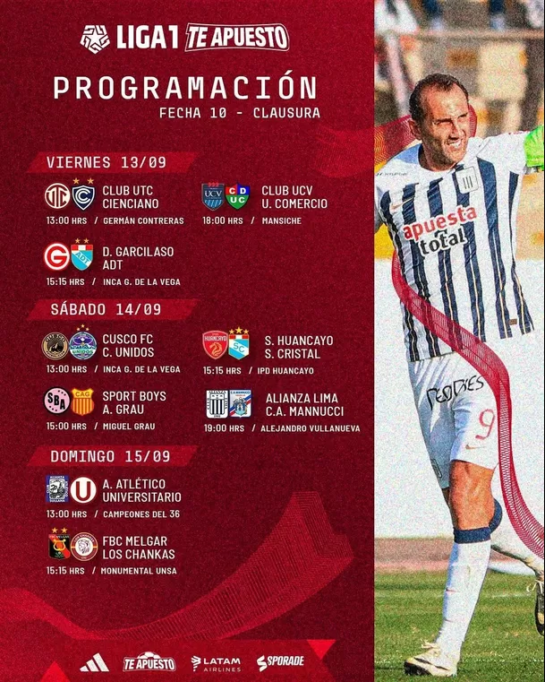 Programación de la Fecha 10 del Torneo Clausura de la Liga1 2024. | Foto: Liga1 Te Apuesto.