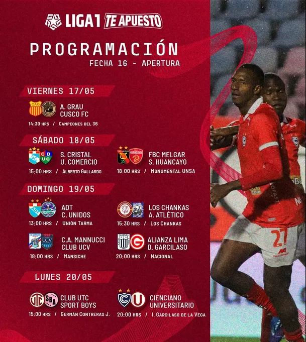 Programación de la Fecha 16 del Torneo Apertura. | Foto: Liga1. Programación de la Fecha 16 del Torneo Apertura. | Foto: Liga1.