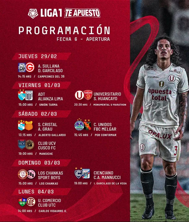 Programación de la Fecha 6 del Torneo Apertura de la Liga1 2024. | Foto: Liga1.