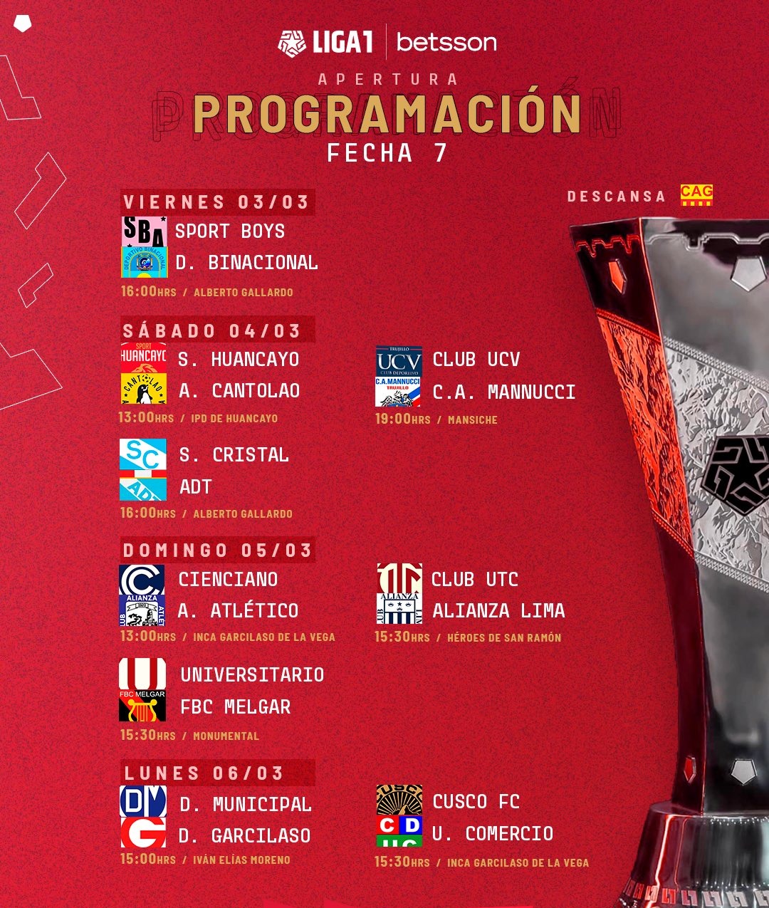 Liga 1 Conoce la programación de las fechas 6 y 7 del Torneo Apertura