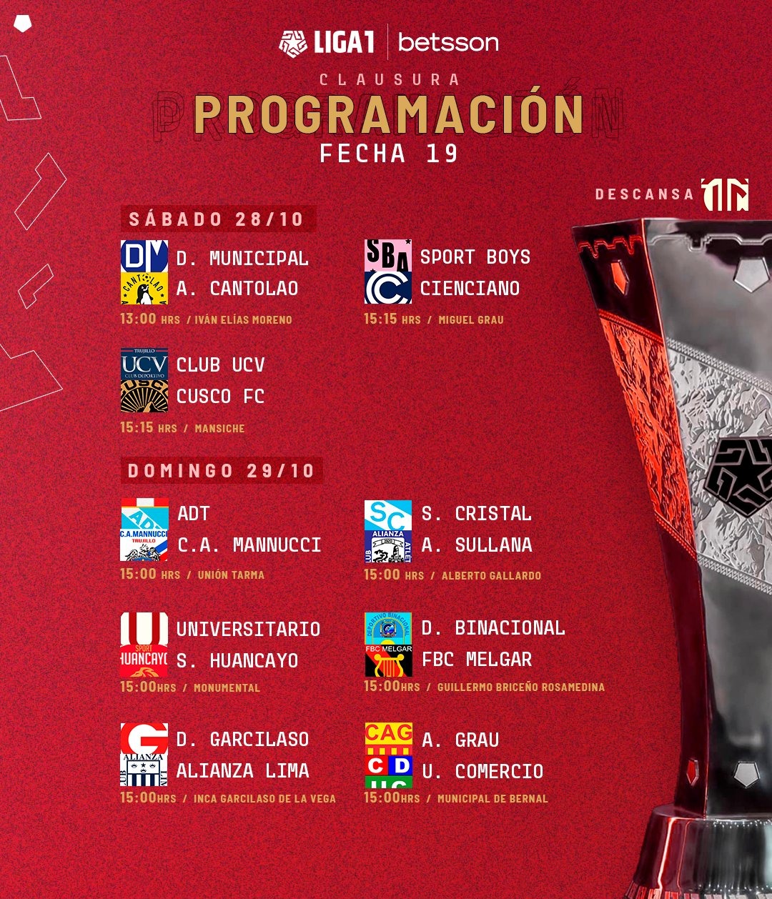 Programación de la fecha 19 del Torneo Clausura 2023. | Fuente: @LigaFutProf