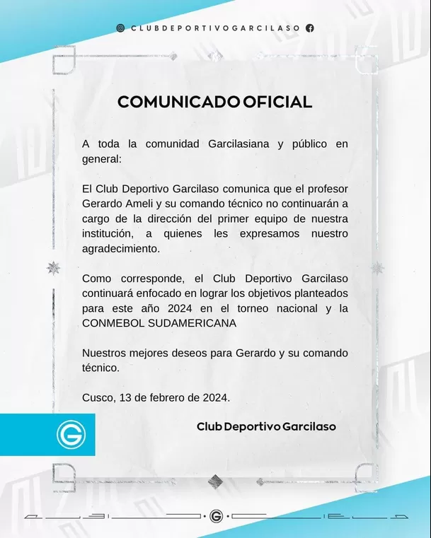 Comunicado de Deportivo Garcilaso. | Foto: Garcilaso.