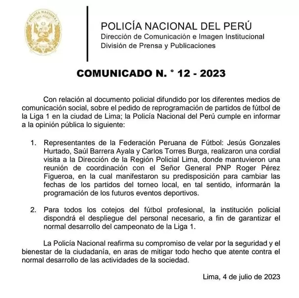 Comunicado de la PNP