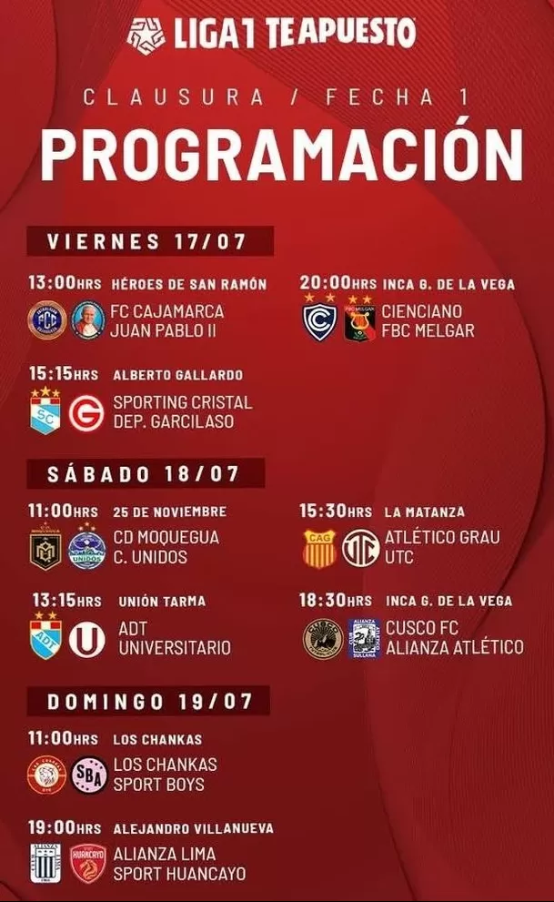 Programación fecha 1 del Torneo Clausura / Foto: Liga 1 Programación fecha 1 del Torneo Clausura / Foto: Liga 1