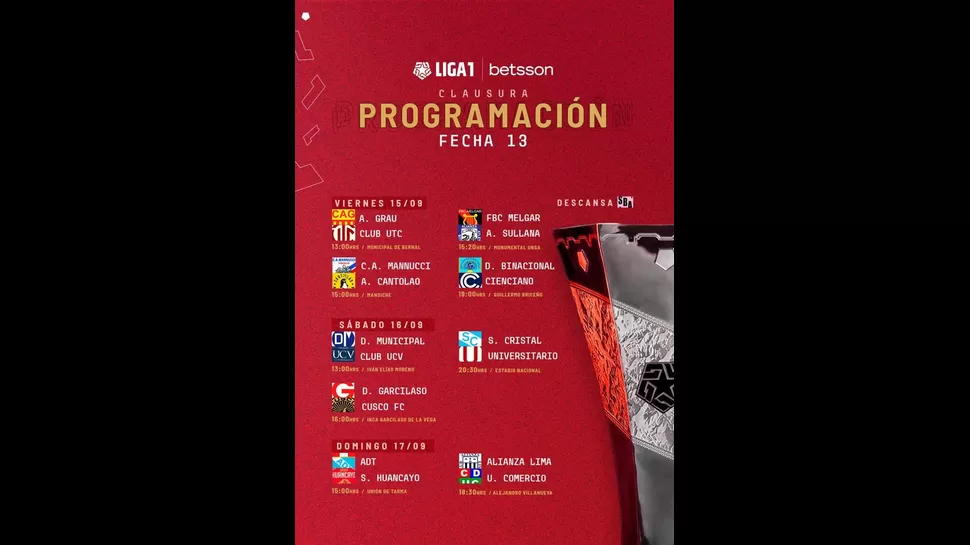 Programación de la fecha 13 del Torneo Clausura. | Imagen: Liga 1