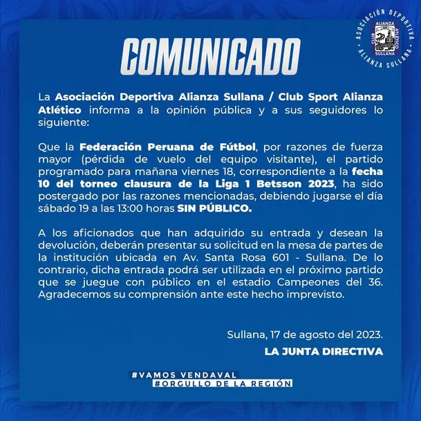 Comunicado del Alianza Atlético. | Imagen: @alianzasullana_