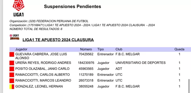 Suspensiones pendientes del Torneo Clausura. | Foto: CD-FPF.