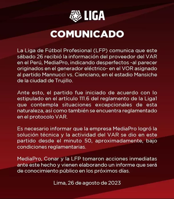 El comunicado de la Liga 1. | Fuente: @LigaFutProf El comunicado de la Liga 1. | Fuente: @LigaFutProf