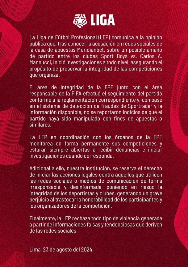 Comunicado de la Liga1 sobre investigación del partido Boys vs. Mannnucci. | Foto: Liga1