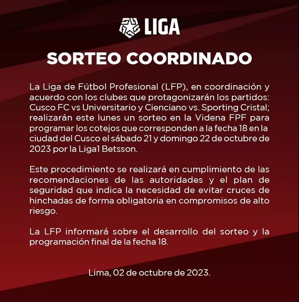 Comunicado de la Liga de Fútbol Profesional. | Fuente: @LigaFutProf