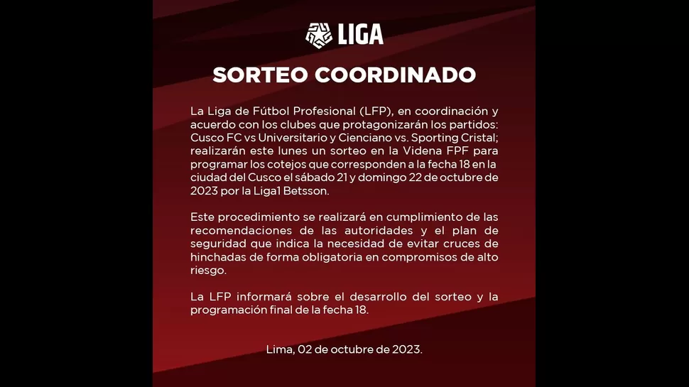 Comunicado de la Liga de Fútbol Profesional. | Fuente: @LigaFutProf