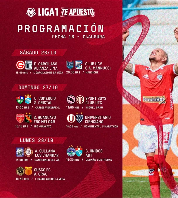 Programación de la fecha 16 del Torneo Clausura de la Liga1 Te Apuesto 2024. | Foto: Liga1.