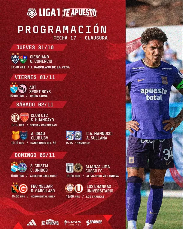 Programación de la fecha 17 del Torneo Clausura de la Liga1 Te Apuesto 2024. | Foto: Liga1.