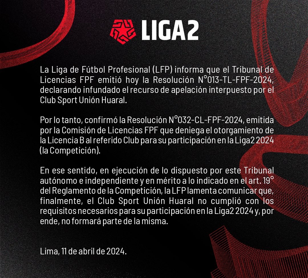 Este es el comunicado de la Liga 2. | Fuente: @Liga2_oficial