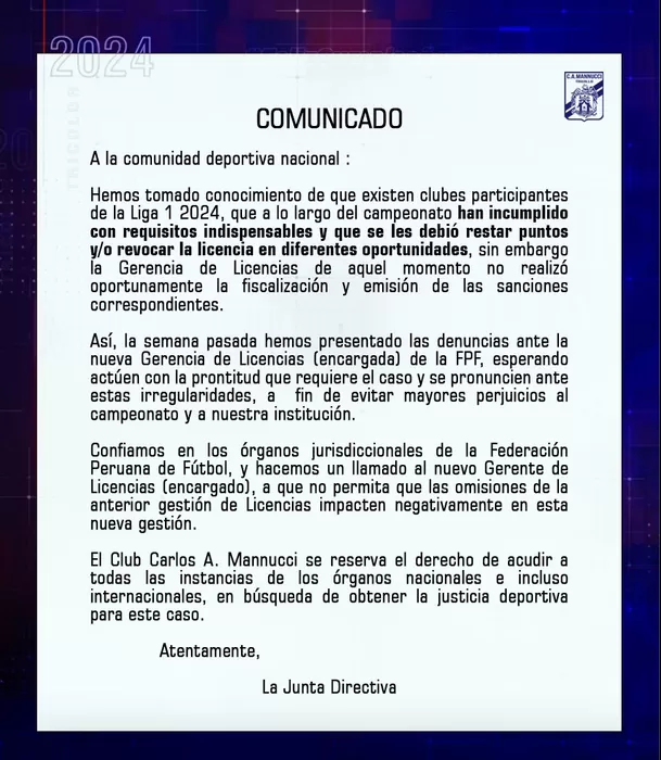 Comunicado de Carlos A. Mannucci sobre irregularidades en la Liga1. | Foto: Mannucci.