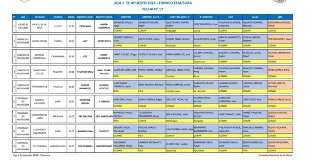 Programación de árbitros fecha 17 del Torneo Clausura. | Foto: Conar.