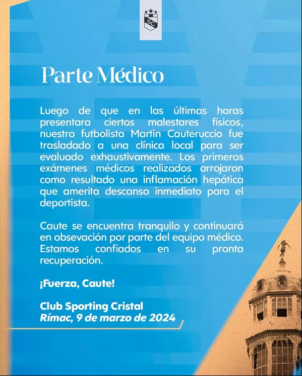 Comunicado sobre Martín Cauteruccio. | Fuente: @ClubSCristal