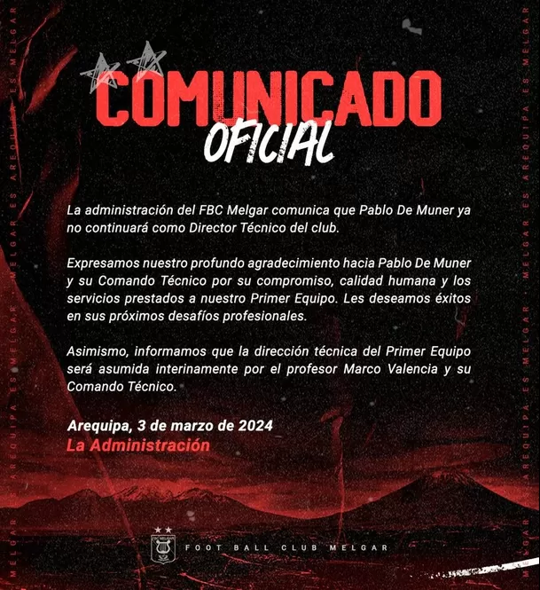 Comunicado oficial de Melgar. | Foto: Melgar.