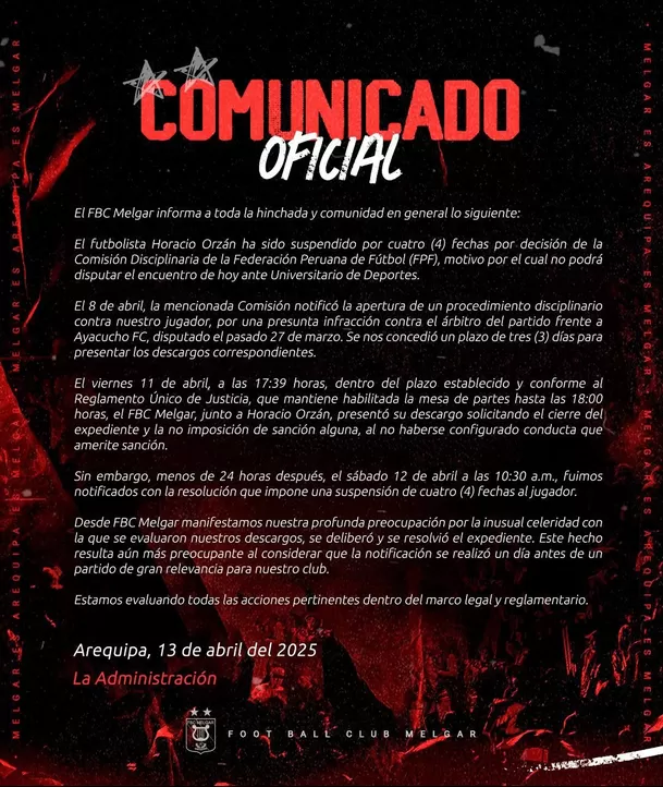 Comunicado de Melgar tras sanción a Horacio Orzán / Foto: FBC Melgar Comunicado de Melgar tras sanción a Horacio Orzán / Foto: FBC Melgar