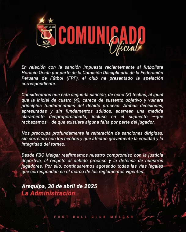 Comunicado de Melgar con respecto al tema de Horacio Orzán / X