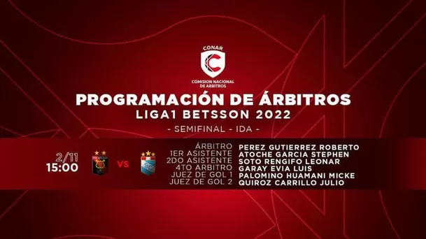 Terna arbitral para la semifinal (ida) entre Sporting Cristal y Melgar 