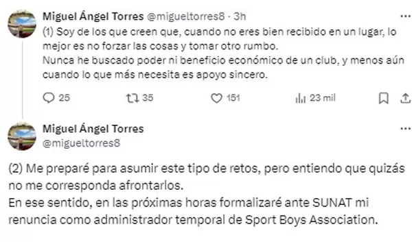 Mensaje de Miguel Ángel Torres tras decisión de renunciar a Sport Boys / X