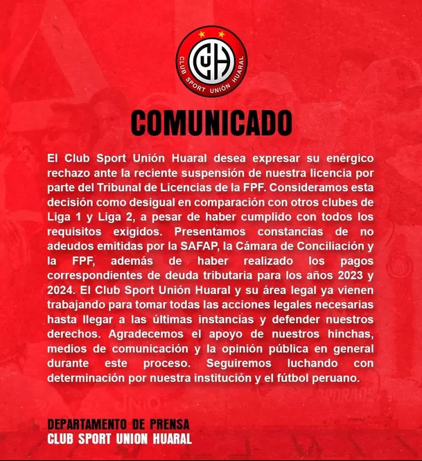 El comunicado del Unión Huaral. | Fuente: www.facebook.com/csunionhuaral