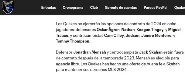 Nota de prensa de San José Earthquakes. | Foto: San José Earthquakes.