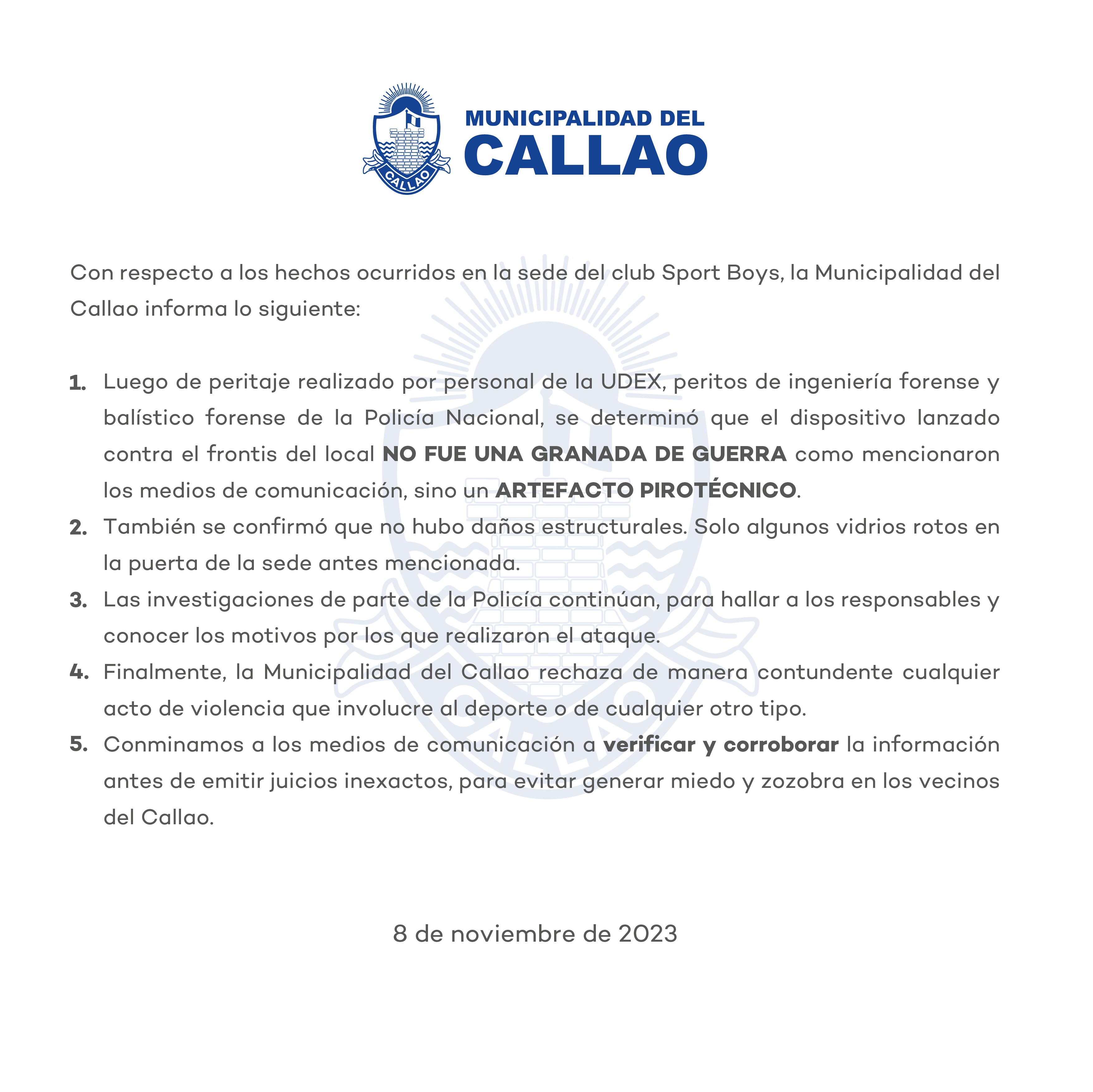 Este es el comunicado de la Municipalidad del Callao. | Fuente: @municallao