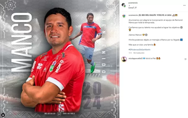 Nicola Porcella reaccionó al regreso al fútbol de Reimond Manco. | Fuente: Instagram