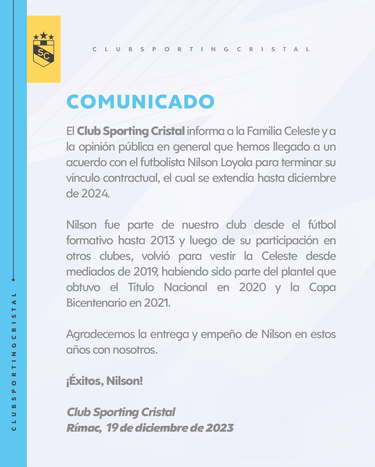 El comunicado del Sporting Cristal sobre Nilson Loyola. | Fuente: @ClubSCristal